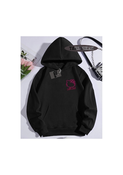 Tarzsokak Kapşonlu Sweatshirt Siyah Labza Hello Kitty Özel Tasarım