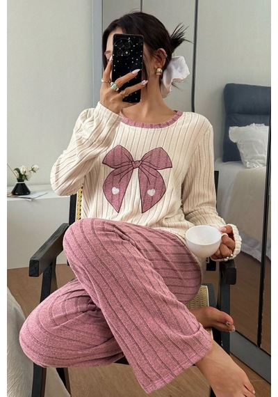 Bella Notte Pembe Nakışlı Pembe Uzun Kollu Pijama Takımı