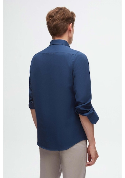 D'S Damat Ds Damat Slim Fit İndigo Oxford Düğmeli Yaka Kolay Ütülenebilir Nakış Detaylı Pamuklu Gömlek 4HC02ORT03265 İndigo