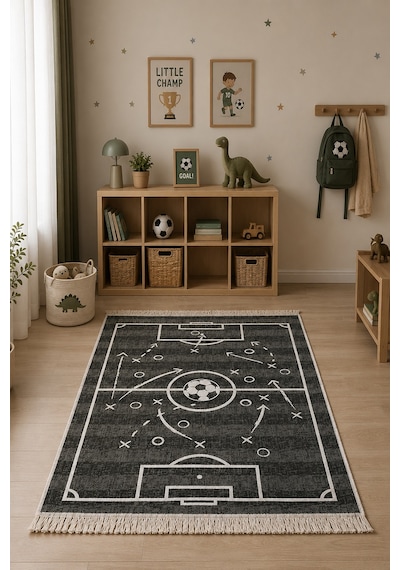 Lorvian Noletti Çocuk Odası Kilimi Pamuklu Futbol Sahası Desenli Makinede Yıkanabilir Uygun Kilim Evm26829a Renkli
