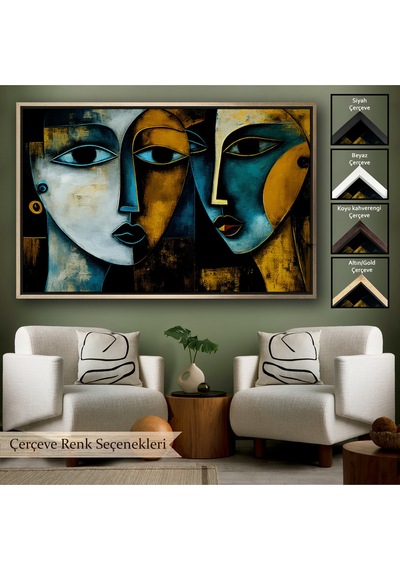 Ahşap Çerçeveli Soyut Yüzler Tablosu-7221