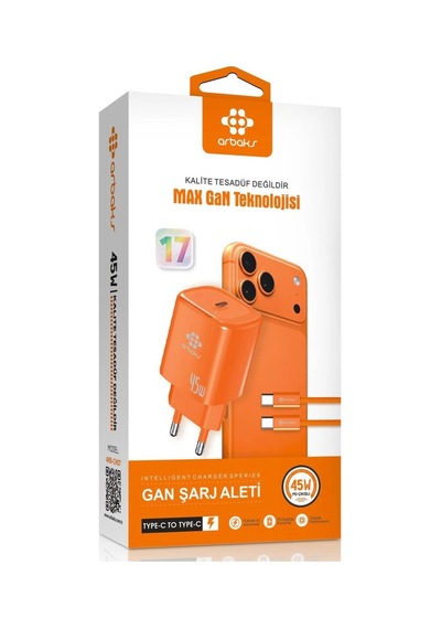 Bezos 45w Pd Max Gan Type-c To Type-c Kablolu Şarj Aleti Turuncu Arb-ch07 Pro Standart