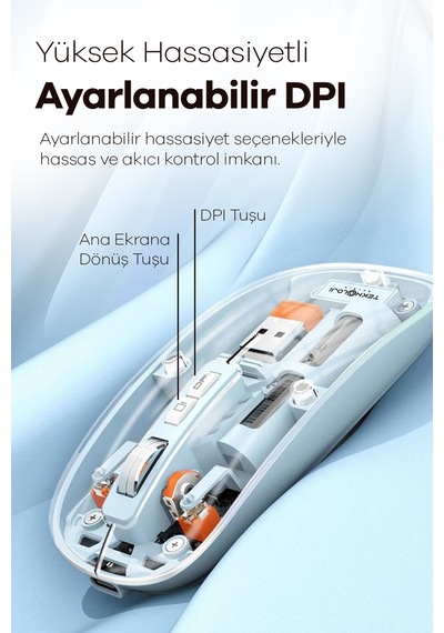 Kablosuz Mouse Fare Şarjlı Bluetooth Wireless Çift Modlu Sessiz 5 Tuşlu Şeffaf Dpı Kontrol Siyah 001