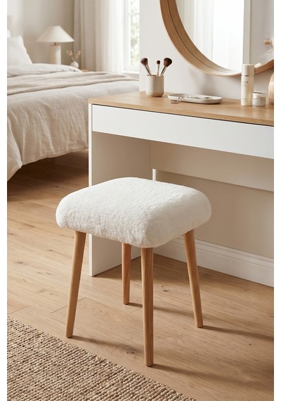 Peluş Kumaşlı Dekoratif Puf, Tabure 5983 Beyaz