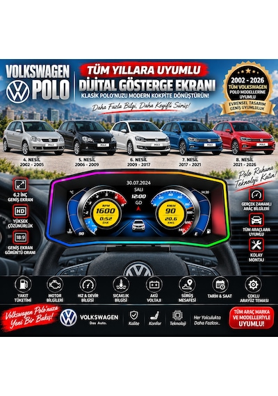 Volkswagen Golf 2002-2026 Model Uyumlu Harici Digital Gösterge Odb Ekran Arıza Göstergesi Turbo Gösterge Hayalet Ekran