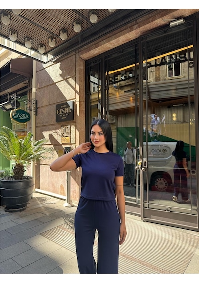 WeShaya Lacivert Polyester Keten Palazzo Takım Lacivert