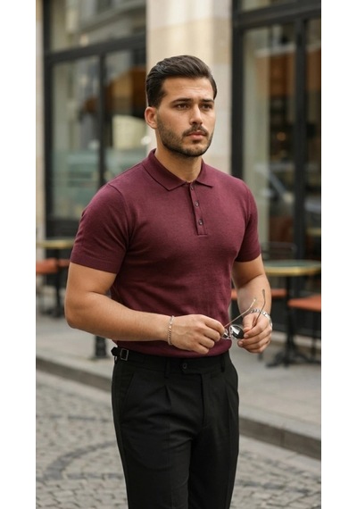 Defymoda Erkek Düğme Yakalı Kısa Kollu Pamuk Triko Tişört Altın