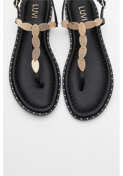 Luvishoes Luvi Shoes Marea Siyah Hakiki Deri Parmak Arası Gold Tokalı Kadın Sandalet Siyah