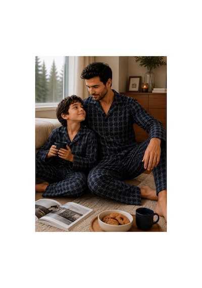 Free Beka Ekose Desenli Baba Oğul Uzun Kollu Gömlek Yaka Düğmeli Erkek Pijama Takımı Gri