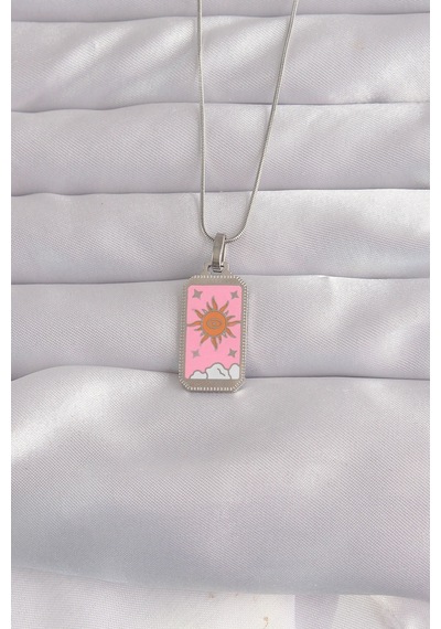 316l Çelik Gümüş Renk Pembe Mineli Güneş Model Tarot Kolye - Tj-bko9043