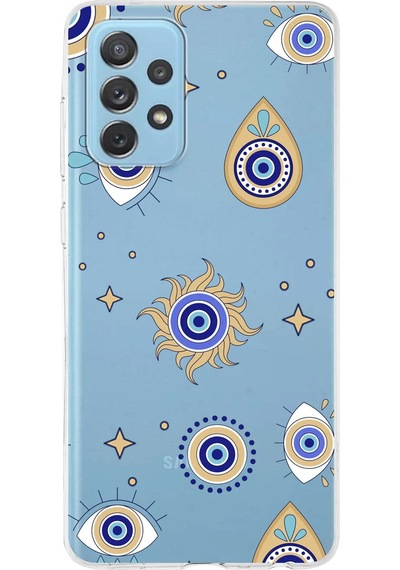 Samsung Galaxy A72 İle Uyumlu 1mm Slim Fit Nazar Boncuğu 5 Baskılı Şeffaf Kılıf Şeffaf