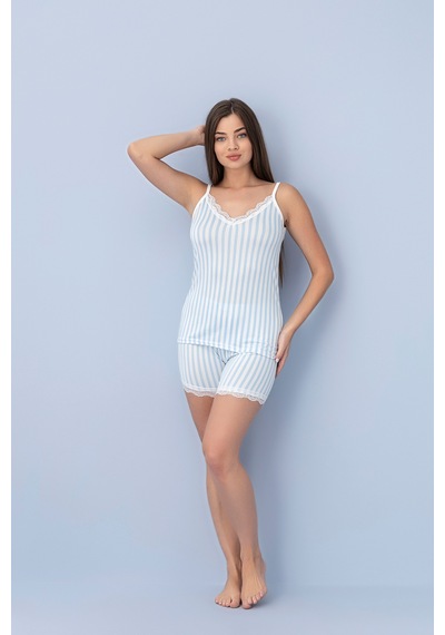 Pıove Kadın Çizgili Askılı Şortlu Pijama Takımı Dantel Detaylı Rahat Ev Giyim Seti Beyaz