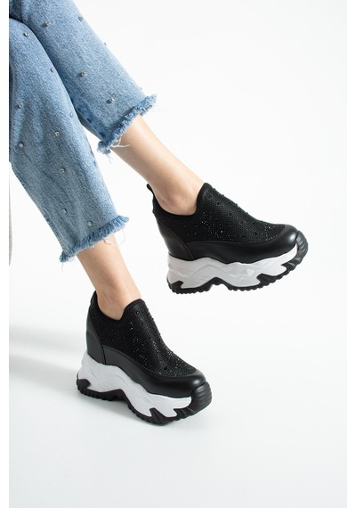 Dabab Shoes Olıvıa Siyah Taş Detaylı 10 Cm Gizli Topuk Platform Slip-on Sneaker Ayakkabı