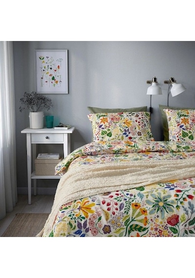 Ikea Strandlummer Çift Kişilik Nevresim Takımı 220 X 240 Cm Yeşil - Beyaz - Lacivert - Turuncu Çok Renkli