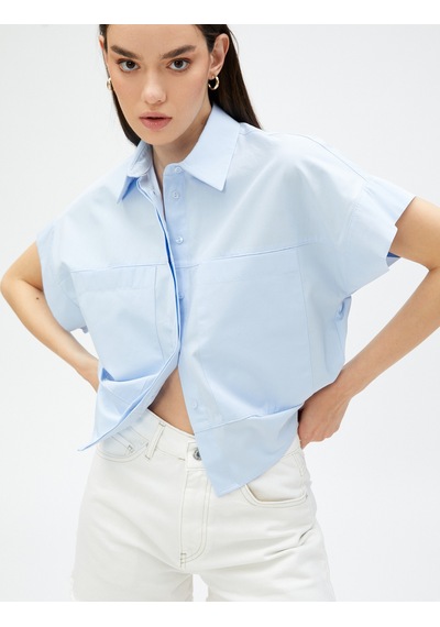 Koton Crop Poplin Gömlek Kısa Kollu Pamuklu Mavi 3sak60018pw Mavi