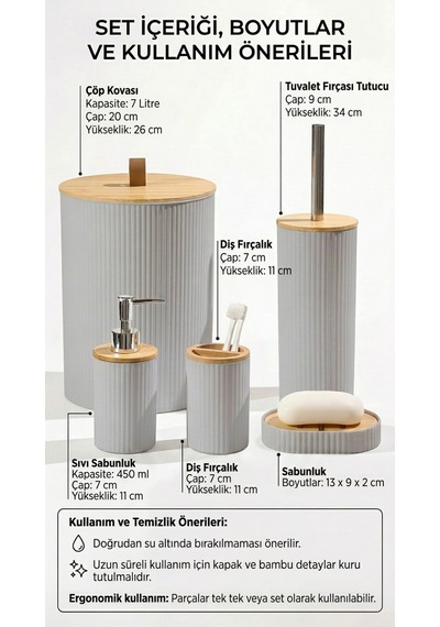 Makri Home 5 Parça Yuvarlak Banyo Seti, Bambu Kapaklı, Gri, Hacim: 7 Litre Gri