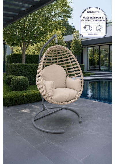 Niron Royal Rattan Bahçe Salıncağı Cappucino - Minderli Modern Salıncak Capuccino