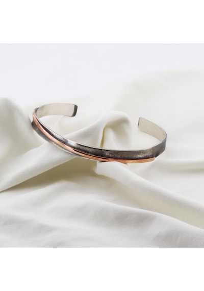 Otantik El İşi Sade Rose Gold Çizgili Kelepçe Gümüş