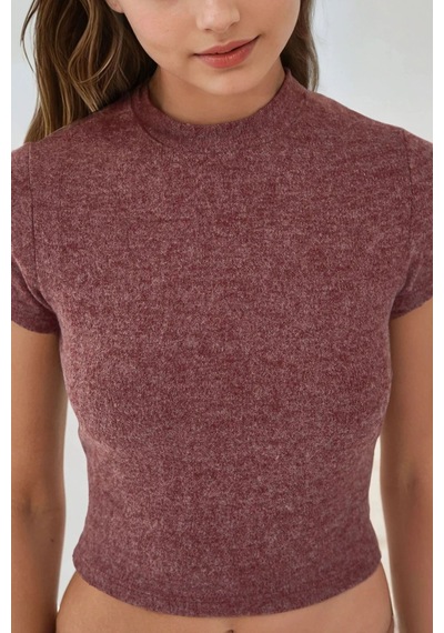 Hiccup Slim Fit Triko Crop Bluz Bordo Kırmızı