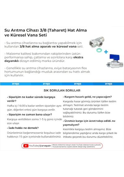 Su Arıtma Cihazı 3/8 Taharet Hat Alma Ve Küresel Vana Seti