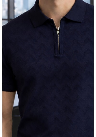 Erkek Slim Fit Fermuarlı Polo Yaka Triko Tişört Lacivert