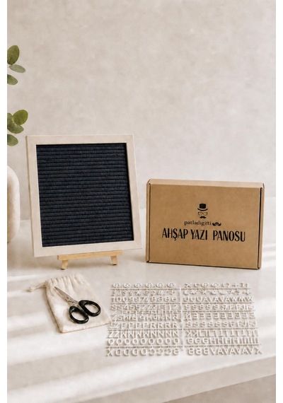Woodart Premium Letter Board Seti, Mat Gece Siyahı Keçe Yüzeyli Doğal Çam Ahşap Yazı Panosu Şövale Standlı Dekoratif Set Siyah