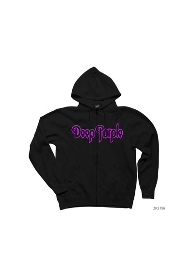 Deep Purple Logo Outline Siyah Fermuarlı Kapşonlu Sweatshirt