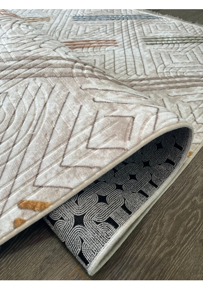 Konak Halı Renkli Modern Halı Geometrik Desenli Emboss Saçaklı Salon Halısı Krem