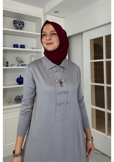 Rabia Şamlı Laçin Triko Elbise Gri Normal