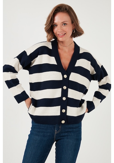 Lela Regular Fit Çizgili V Yaka Düğmeli Soft Akrilik Bayan Hırka 4615188 Lacivert-Taş