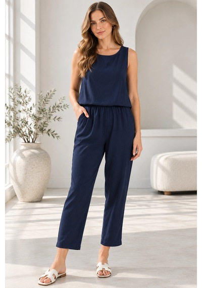 Mevese Beli Lastikli Modal Pantolon & Kalın Askılı Bluz Takımı - Lacivert