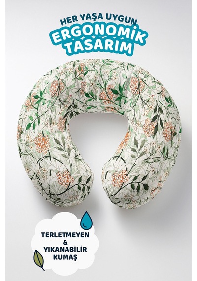 Doğal Çiçek Desenli Pamuklu Boyun Yastığı - Vintage Botanik Yeşil Turuncu Seyahat Yastığı Doygun Gün Doğumu Tarçın
