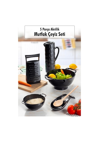 Akrilik Siyah 5 Parça Sürahi & Rende & Süzgeç & Mini Süzgeç & Kaşıklık & Mutfak Çeyiz Seti