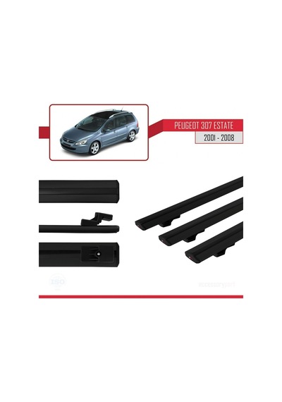 Peugeot 307 Estate 2001-2008 Arası İle Uyumlu Basic Model Ara Atkı Tavan Barı Siyah 3 Adet