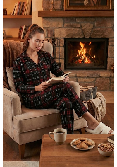 Lela Desenli Beli Lastikli Gömlek Yaka Dokuma Bayan Pijama Takımı 6095660W4 Antrasit-Kırmızı