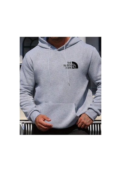 Herkesemoda Göğüs Baskı Yazı Detaylı İçi Polarlı Kapüşonlu Sweatshirt Gri