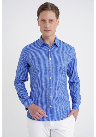 Slim Fit Klapa Yaka Esnek Pamuklu Koyu Mavi Çizgili Gömlek G 1599