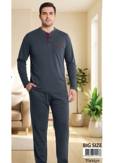 Melodi 45013 Uzun Kol %100 Pamuk Battal Büyük Beden Erkek Pijama Takımı Gri