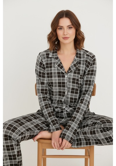 Luxury Viscose Siyah Beyaz Ekose Desenli Kadın Uzun Kollu Pijama Takımı 42575 Gümüş