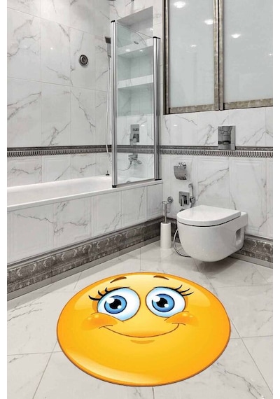 Sarı Smiley Banyo Halısı Klozet Yuvarlak Paspas Seti Bs297n11