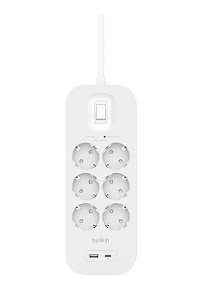 Belkin 6'lı Çoklu Priz, Yüksek Gerilim Korumalı, Duvara Montaj, 6 Priz, 2 M Güç Kablosu, Yeşil Işıklı Gösterge, Hızlı Şarj İçin Usb-c Ve Usb-a Bağlantısı 650 Jul Koruma
