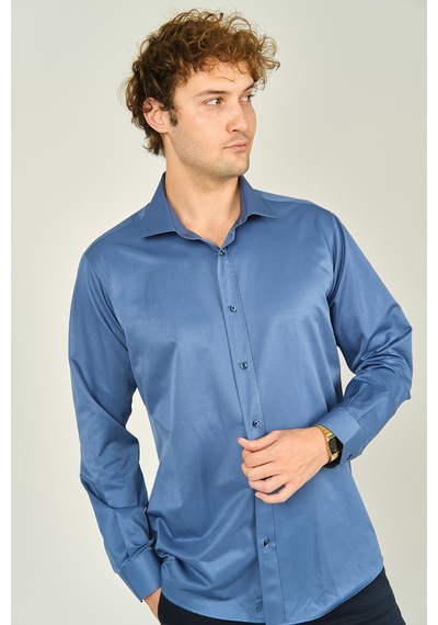 Figs Erkek Slim Fit Uzun Kollu Pamuklu Parlak Kumaş Gömlek 0013 Indigo Indıgo İndigo