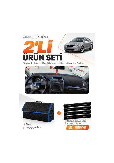 E-biz Skoda Octavia 2009-2012 Uyumlu Torpido Örtüsü + Deri Bagaj Çantası Seti - Siyah-mavi - Sk009