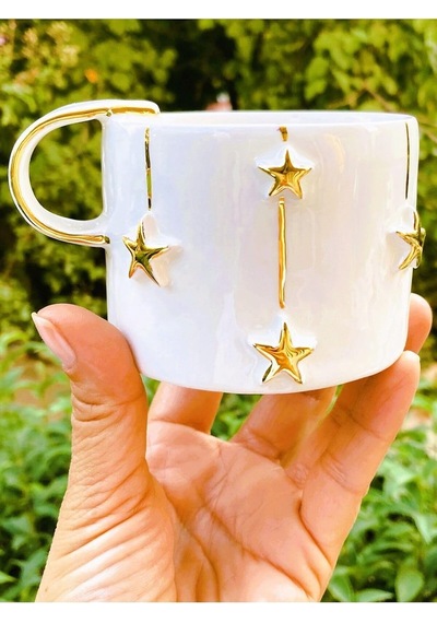 Premium Kalite 24 Ayar Altın Kaplama Yıldız Kabartmalı El Yapımı Mug 220 Ml Christmas Star Beyaz - Çok Renkli
