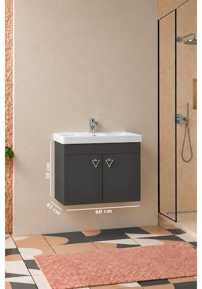 Kemer 60 Cm, Alt Banyo Dolabı, Lavabolu, Antrasit, Kapaklı Banyo Dolabı, Seramik Lavabo Dahil, Mdf Kemer 60 Cm, Alt Banyo Dolabı, Lavabolu, Antrasit, Kapaklı Banyo Dolabı, Seramik Lavabo Dahil, Mdf