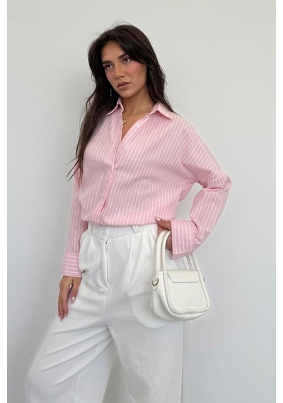 Madmext Pembe Çizgili Kadın Gömlek Mg2410 Pembe