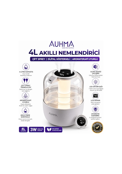 Auhma Aph-08 4l Akıllı Nemlendirici Çift Sprey Dijital Göstergeli Aromaterapi Uyumlu Sessiz Buhar Makinesi