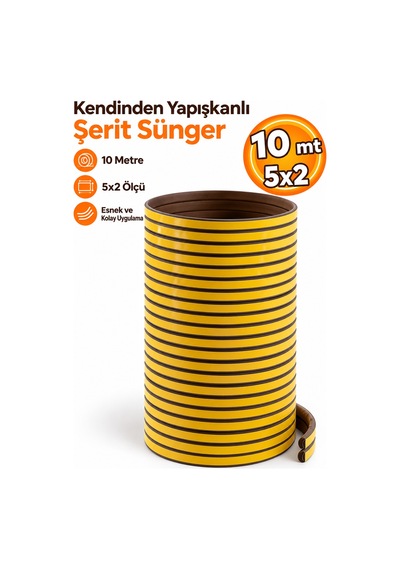Yapışkanlı Kapı - Pencere Bandı Fitili Soğuk İzolasyon Kauçuk Bantları 5x2 10 Metre Kahverengi 10 M