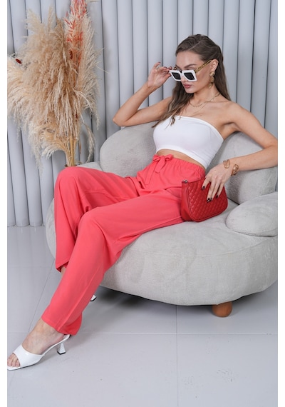 Polologin Butik Beli Bağcıklı Yüksek Bel Bol Paça Mercan Pantolon Kırmızı