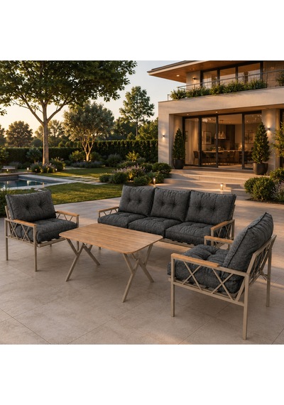 Miray Cappuccino 311 Masalı Bahçe & Balkon Oturma Grubu 3+1+1 Metal İskelet, Gri Minderli